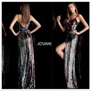 JOVANI V-neck Multicolor Sequin Stripe Gown